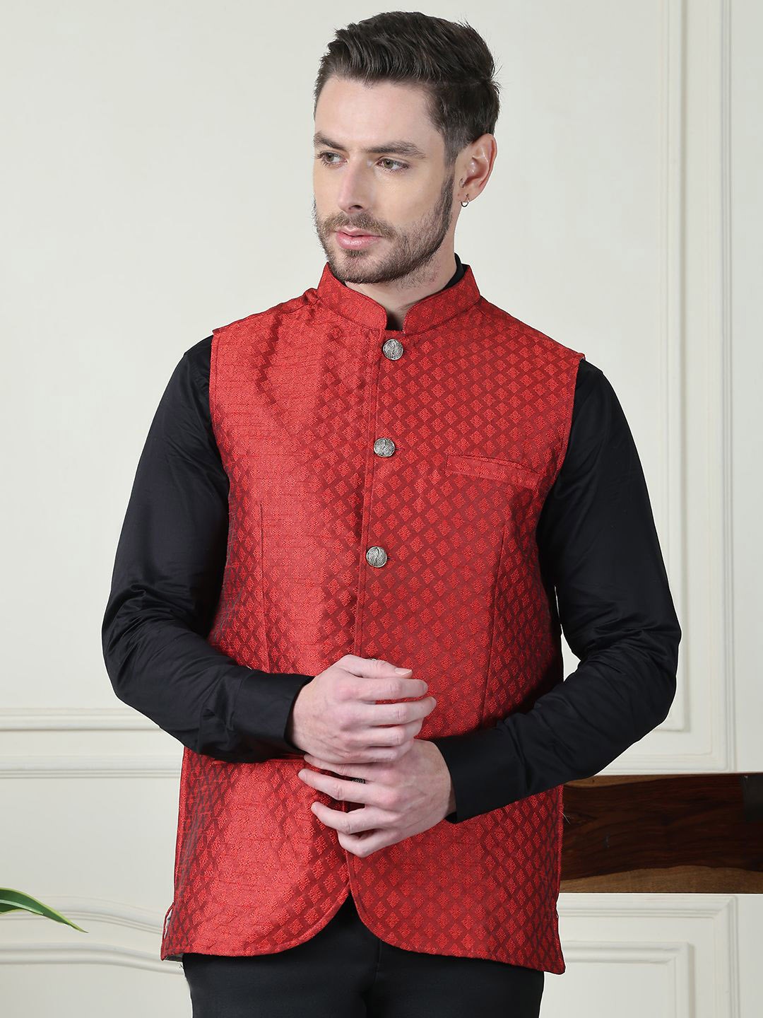 

even Printed Mandarin Collar Nehru Jacket, Red