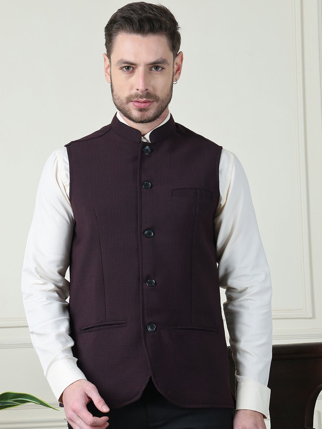 

even Printed Mandarin Collar Nehru Jacket, Maroon