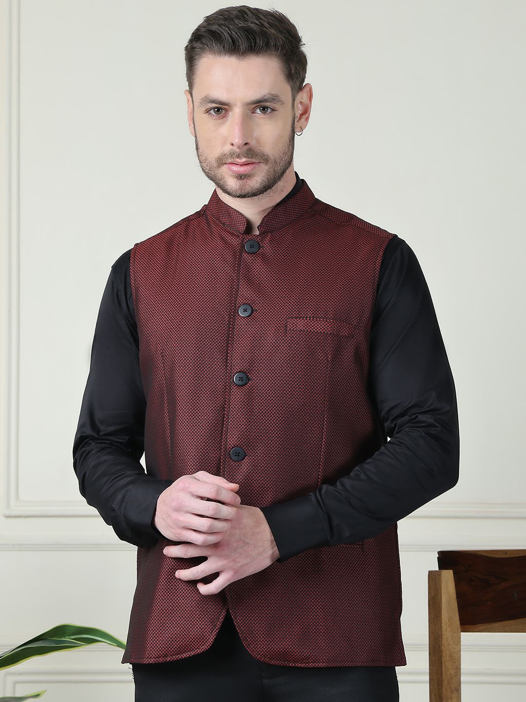 

even Printed Mandarin Collar Nehru Jacket, Maroon