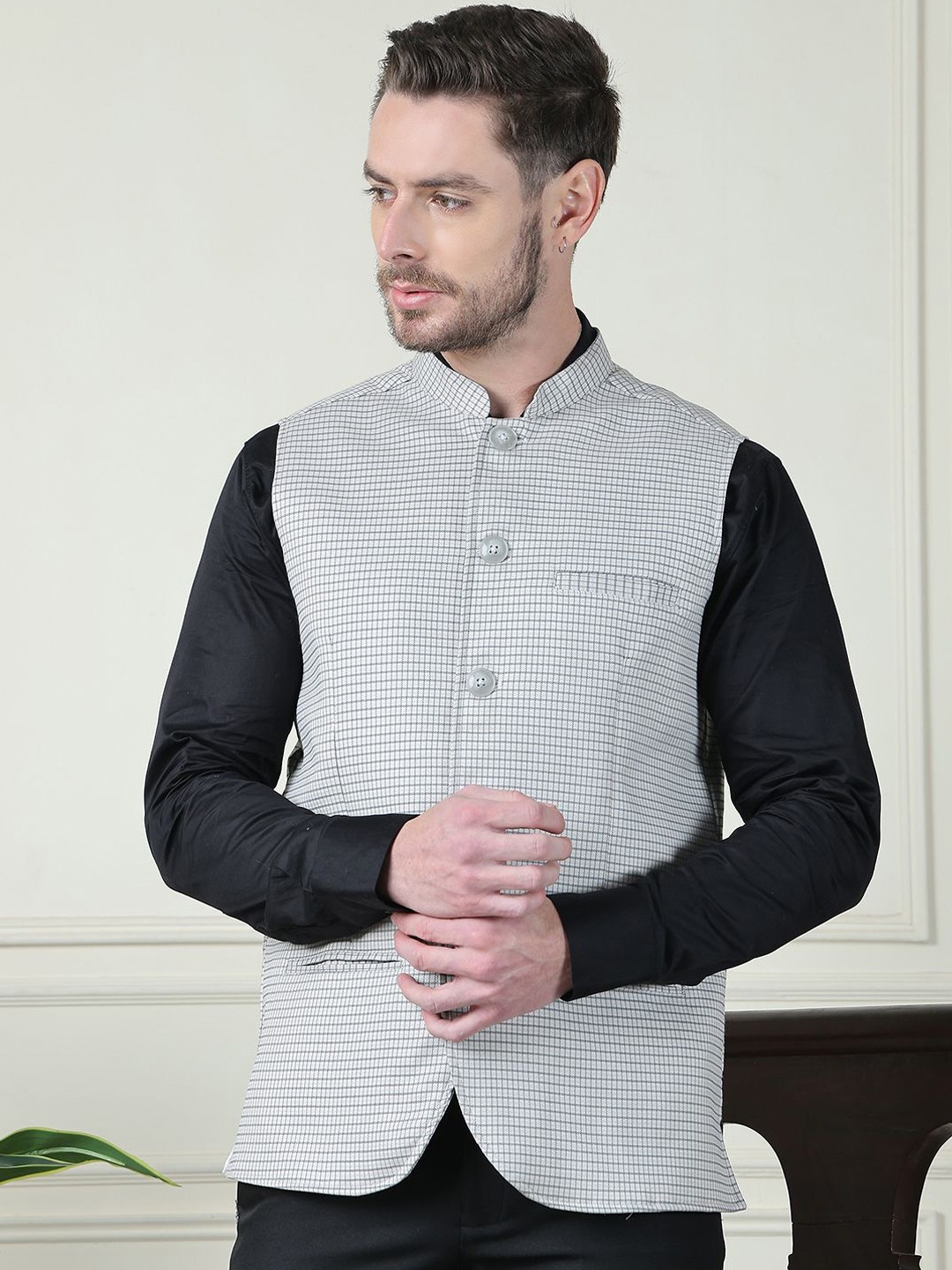

even Printed Mandarin Collar Nehru Jacket, Grey
