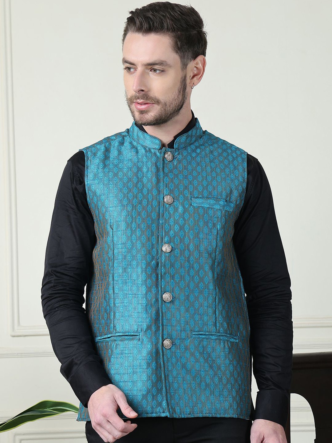 

even Printed Mandarin Collar Nehru Jacket, Blue