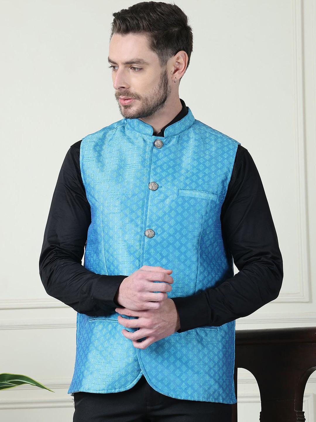 

even Printed Mandarin Collar Nehru Jacket, Blue