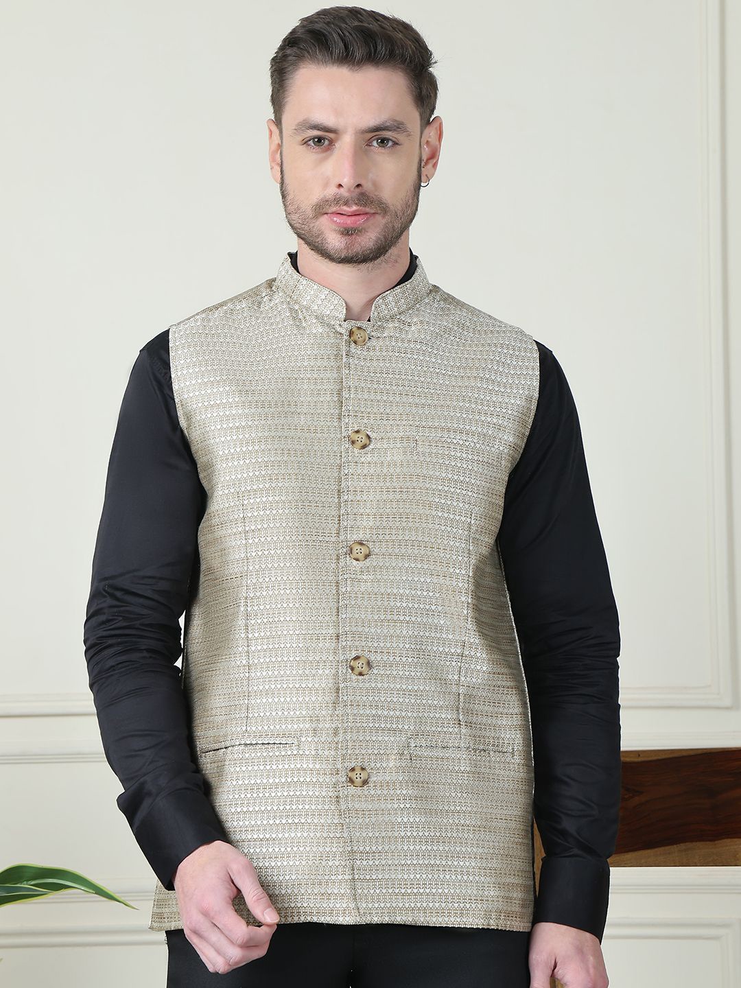

even Printed Mandarin Collar Nehru Jacket, Beige