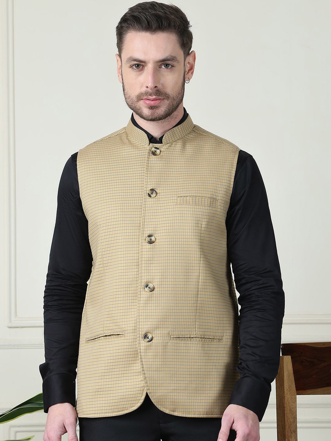 

even Printed Mandarin Collar Nehru Jacket, Beige