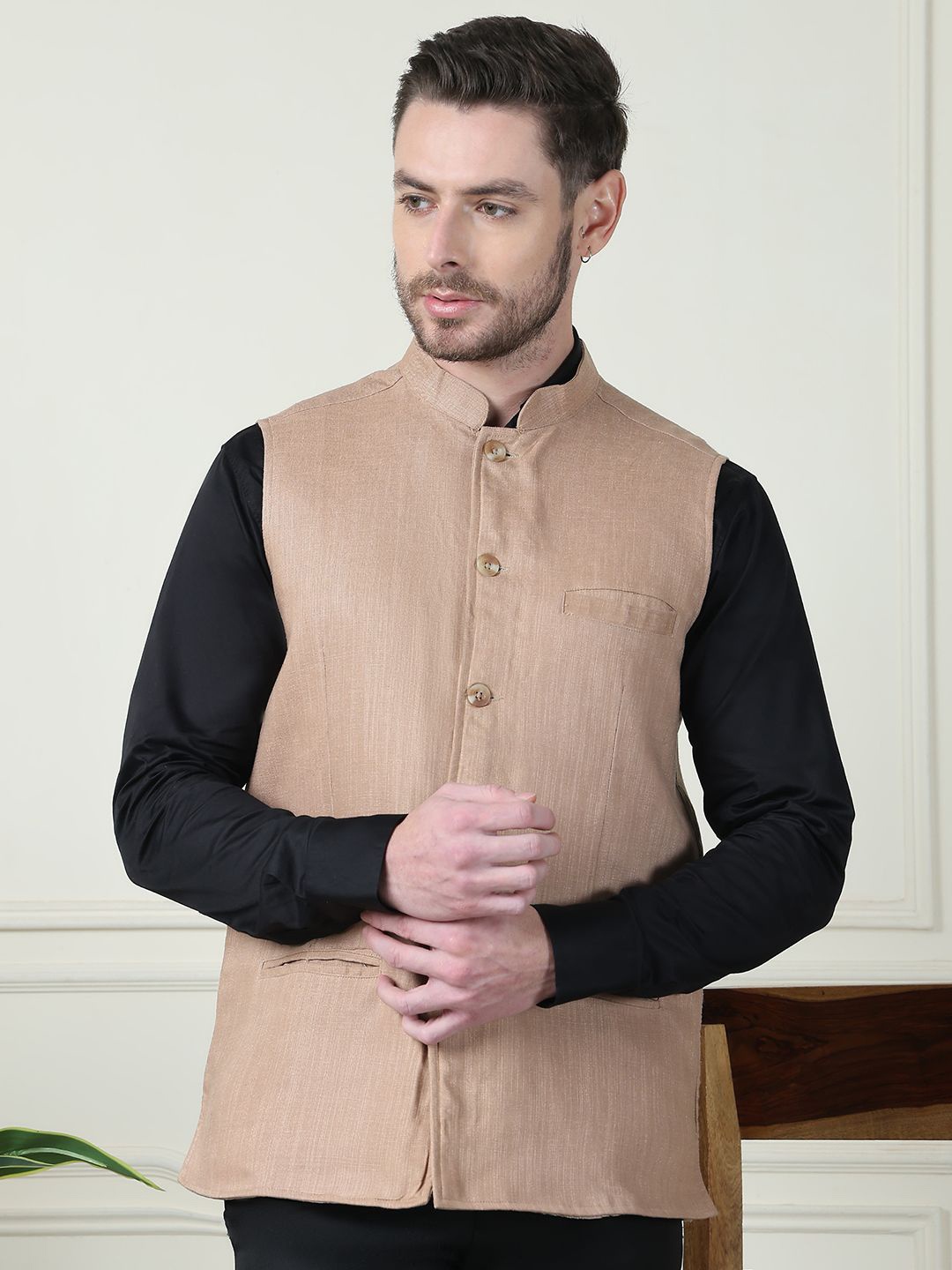 

even Linen Mandarin Collar Nehru Jacket, Beige