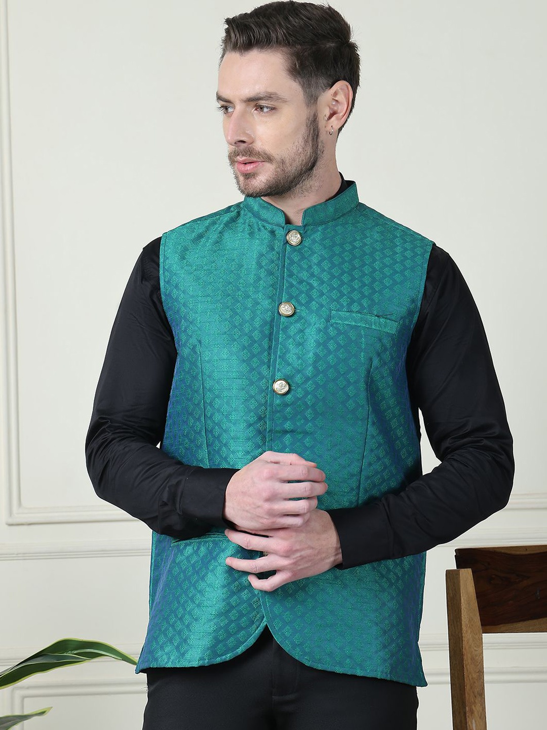 

even Printed Mandarin Collar Nehru Jacket, Green