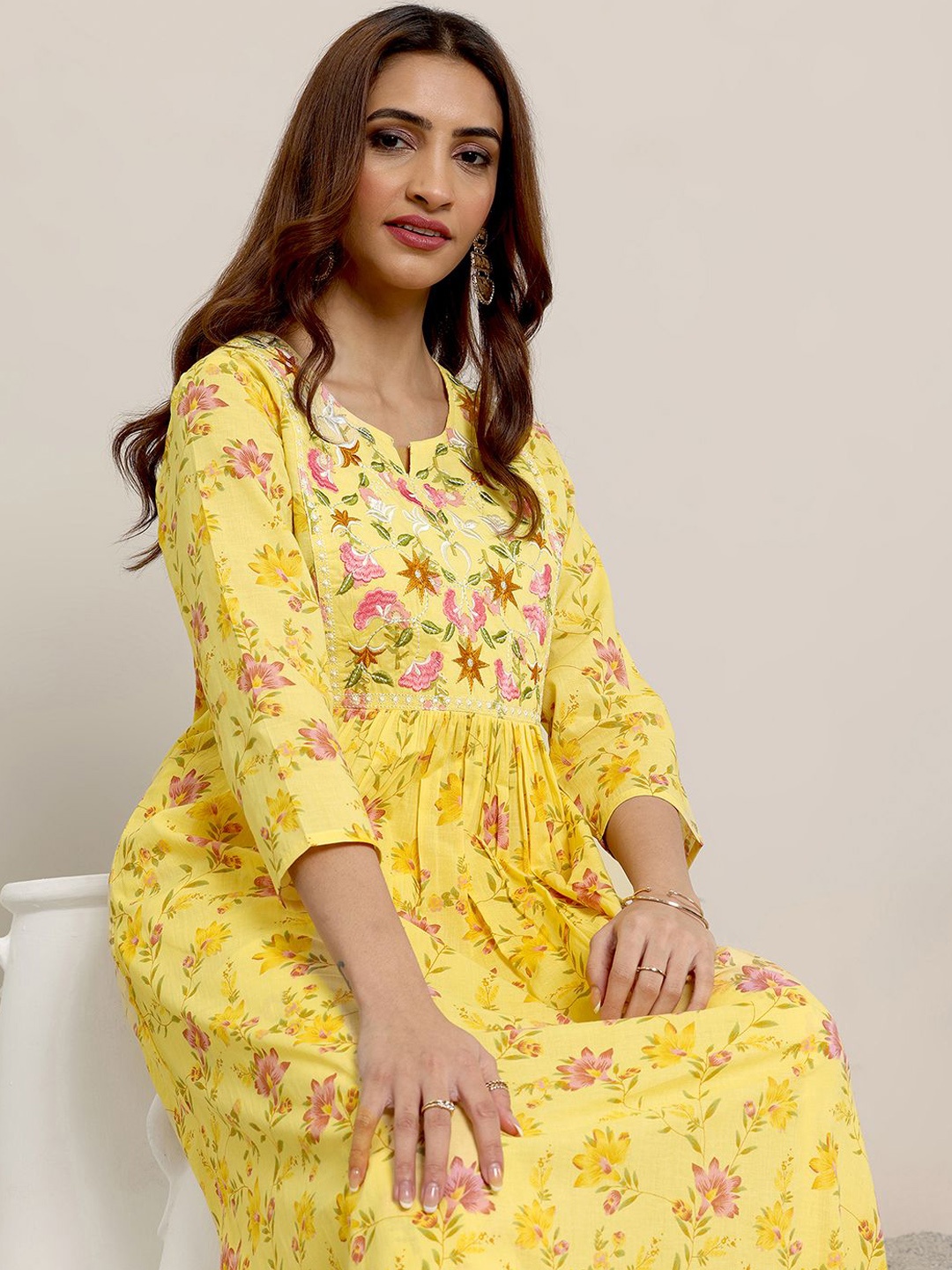 

Libas Women Floral Printed Pleated Thread Work Kurta with Trousers, Yellow