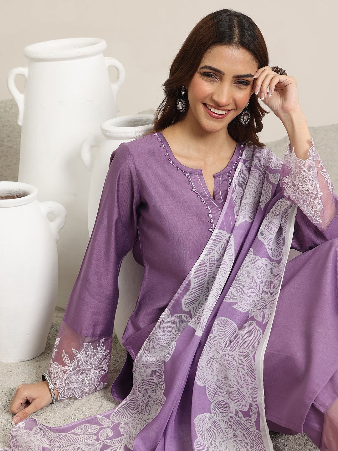 

Libas Women Ethnic Motifs Yoke Design Regular Beads and Stones Kurta with Trousers & With Dupatta, Purple