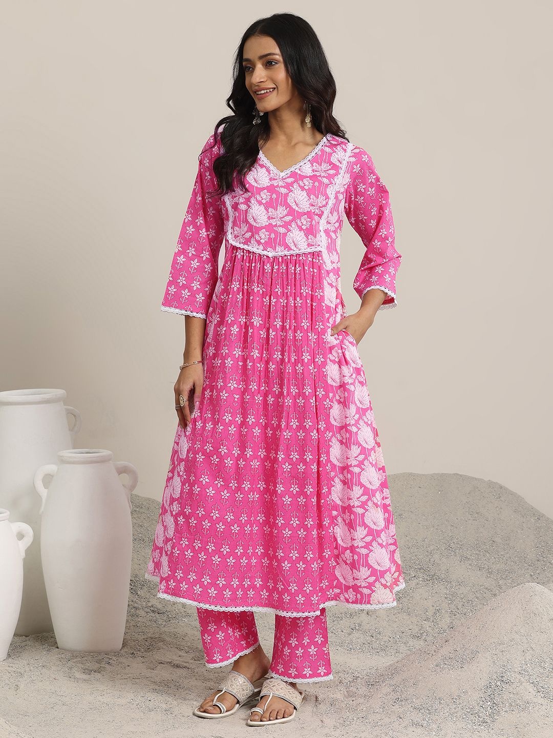 

Libas Floral Printed Pleated Lace Work Kurta with Palazzos, Pink