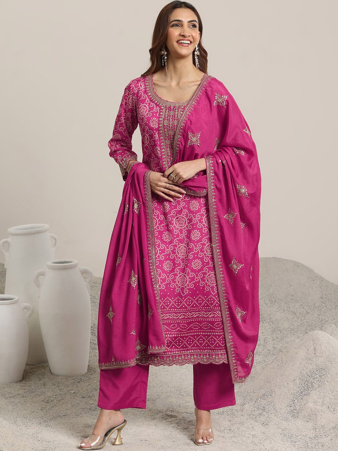 

Libas Women Bandhani Printed Regular Sequinned Kurta with Trousers & With Dupatta, Pink
