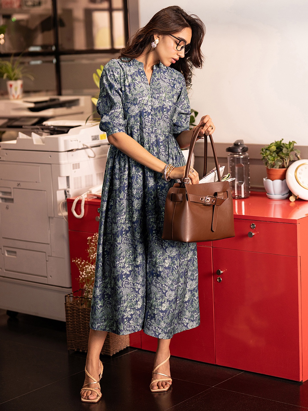 

Libas Floral Printed Puff Sleeves A-Line Maxi Dress, Blue