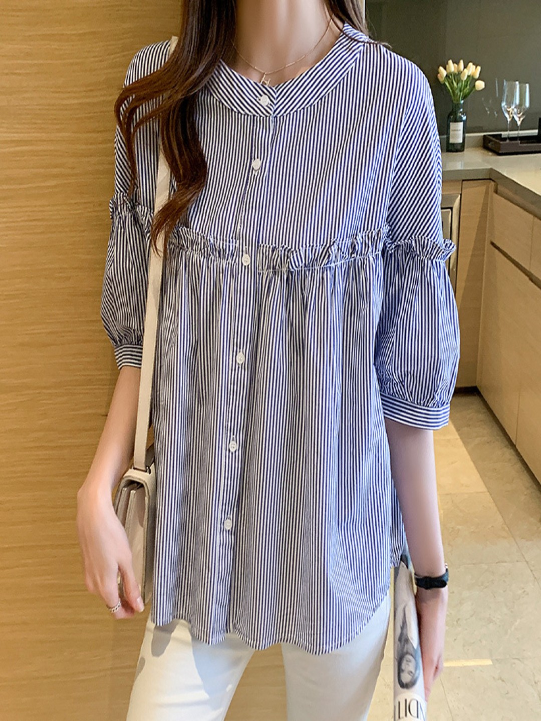 

StyleCast Women Band Collar Vertical Striped Casual Relaxed Fit Cotton Shirt, Blue