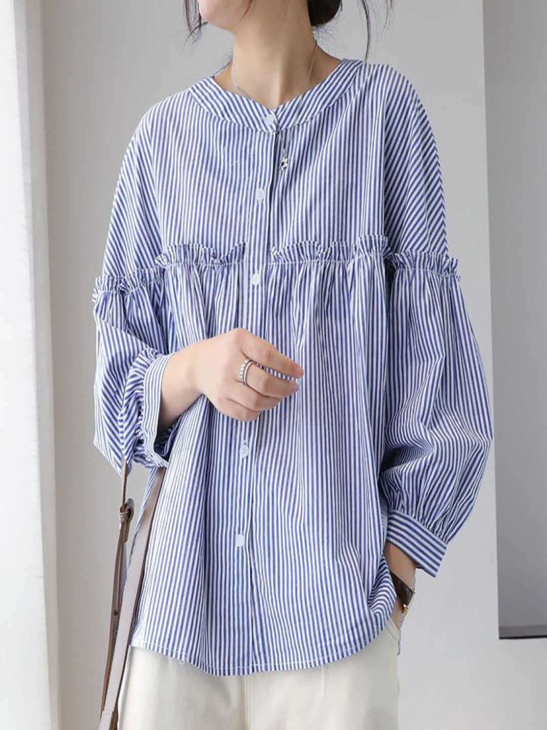 

StyleCast Women Vertical Striped Band Collar Relaxed Fit Cotton Casual Shirt, Blue