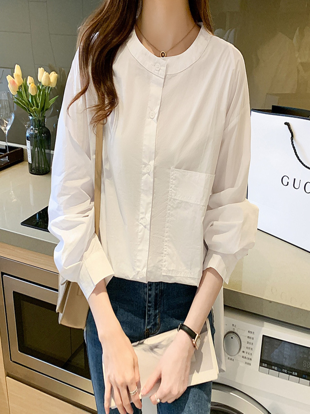 

StyleCast Women Band Collar Solid Cotton Casual Shirt, White