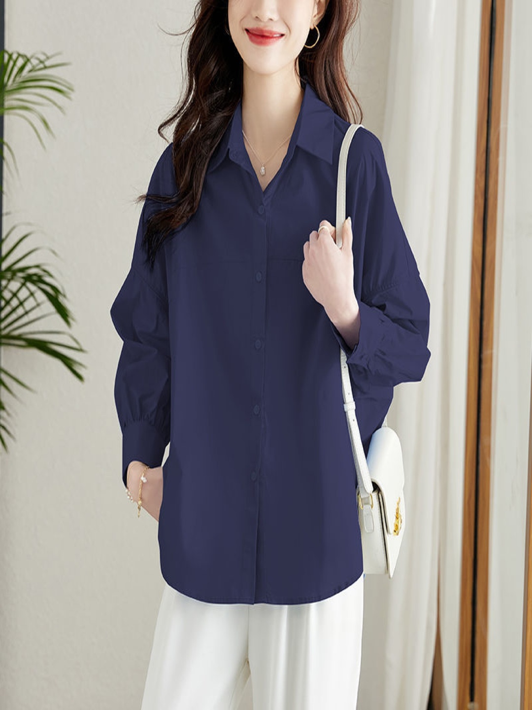 

StyleCast Women Relaxed Fit Spread Collar Solid Cotton Casual Shirt, Navy blue