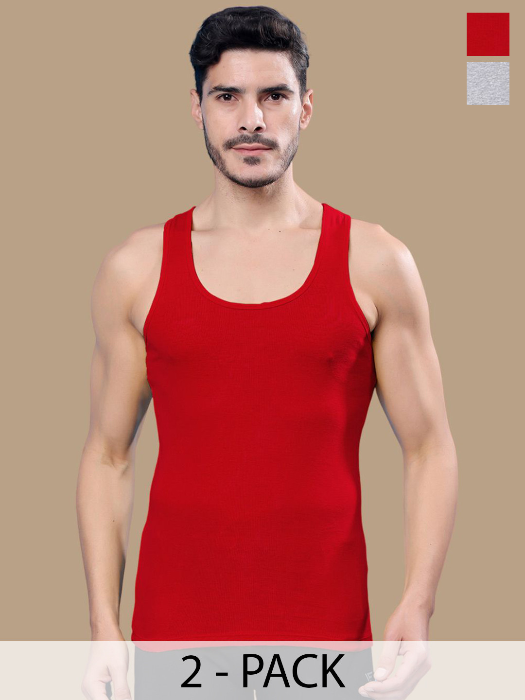 

Friskers Men Pack Of 2 Round Neck Cotton Gym Vests, Red