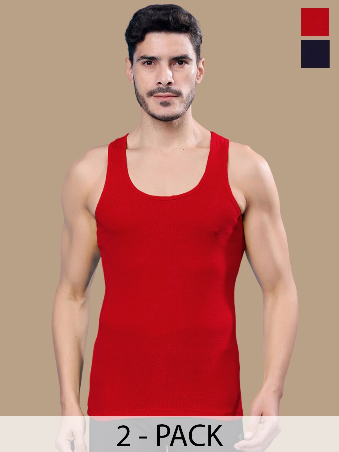 

Friskers Men Pack Of 2 Round Neck Cotton Gym Vests, Red