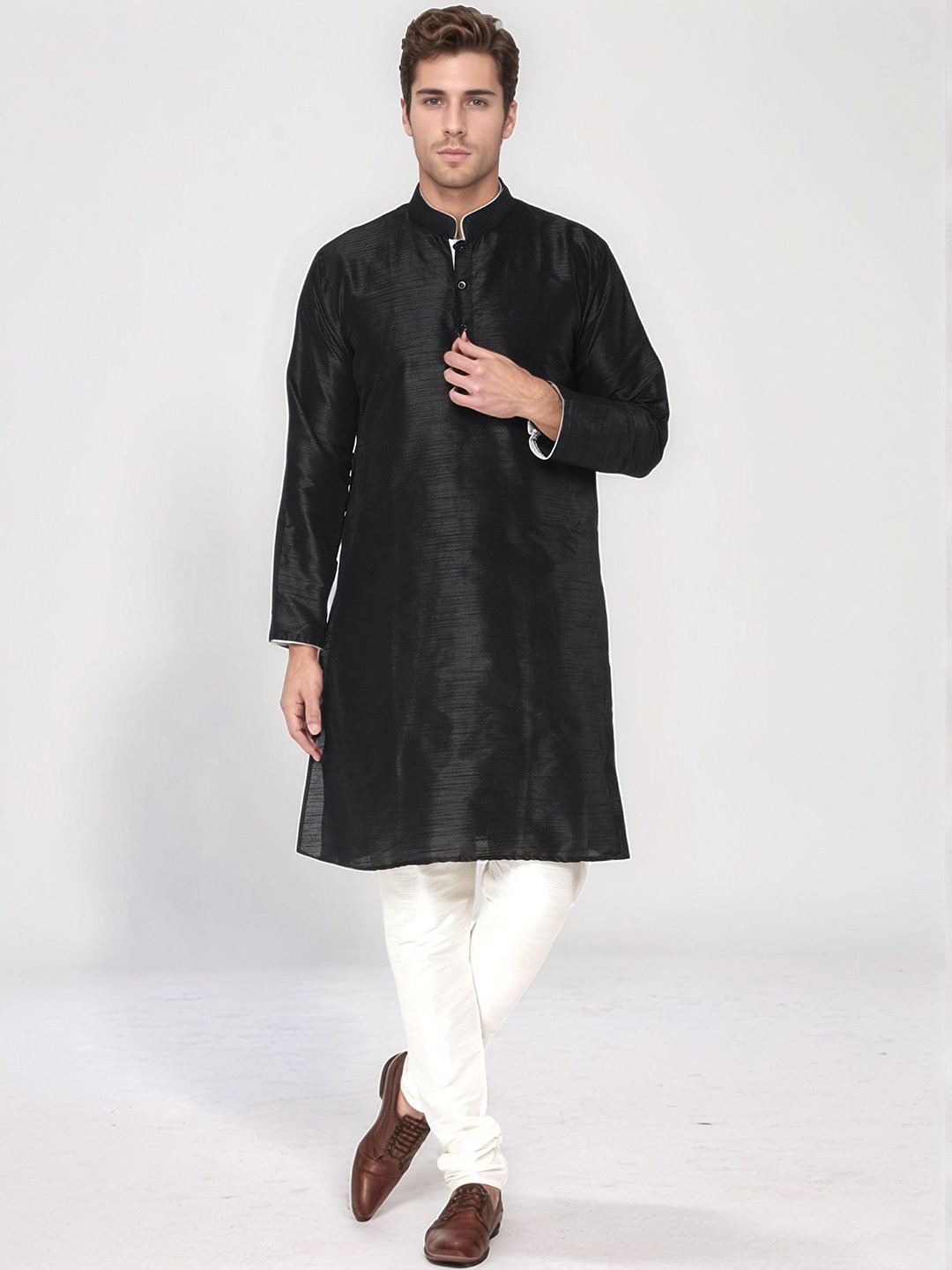 

Moda Rapido Mandarin Collar Kurta With Churidar, Black