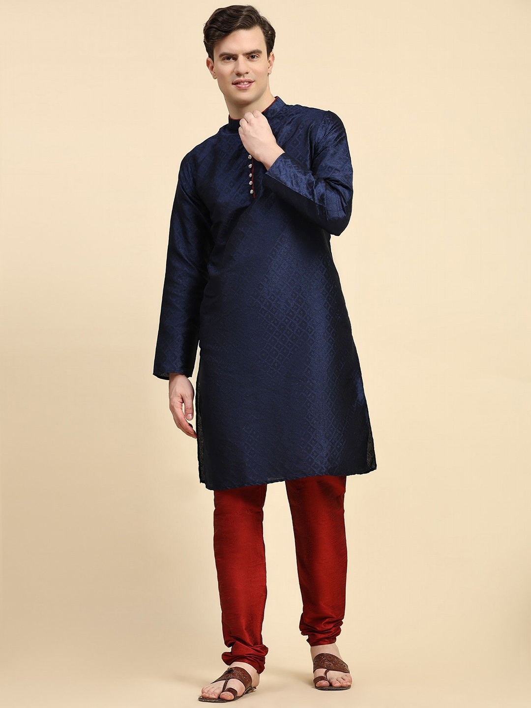 

Moda Rapido Geometric Woven Design Mandarin Collar Kurta With Churidar, Blue