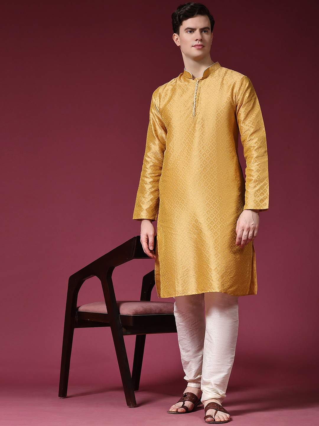 

Moda Rapido Mandarin Collar Straight Kurta With Churidar, Gold