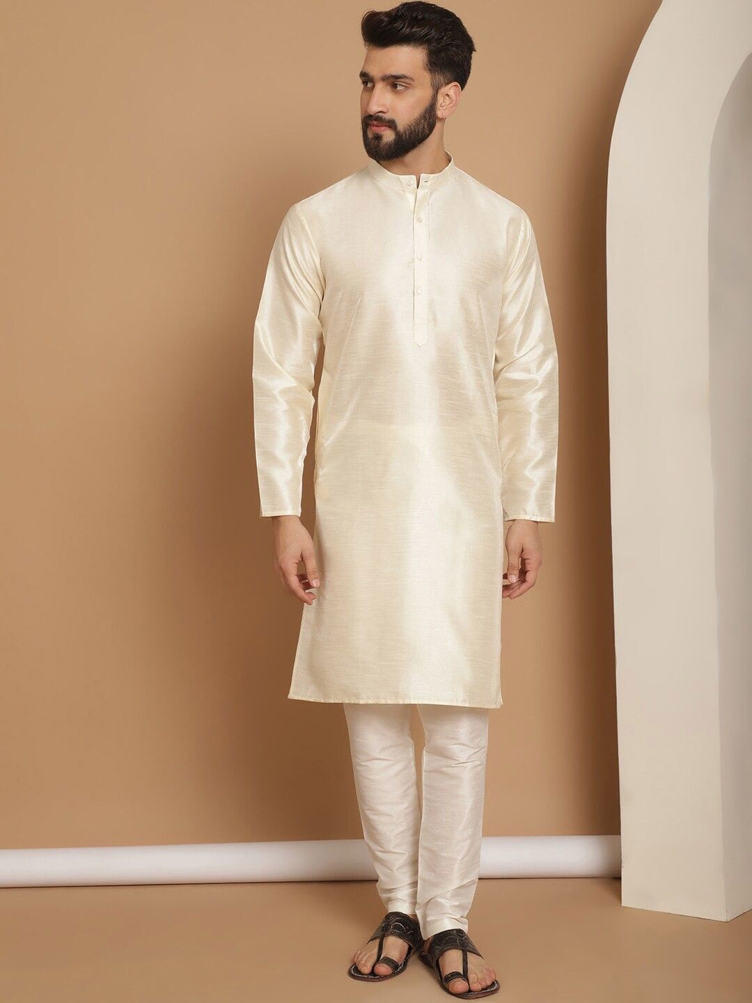 

Moda Rapido Band Collar Straight Kurta With Churidar, Beige