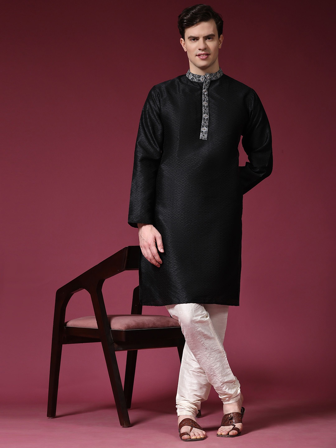 

Moda Rapido Geometric Woven Design Mandarin Collar Kurta With Churidar, Black