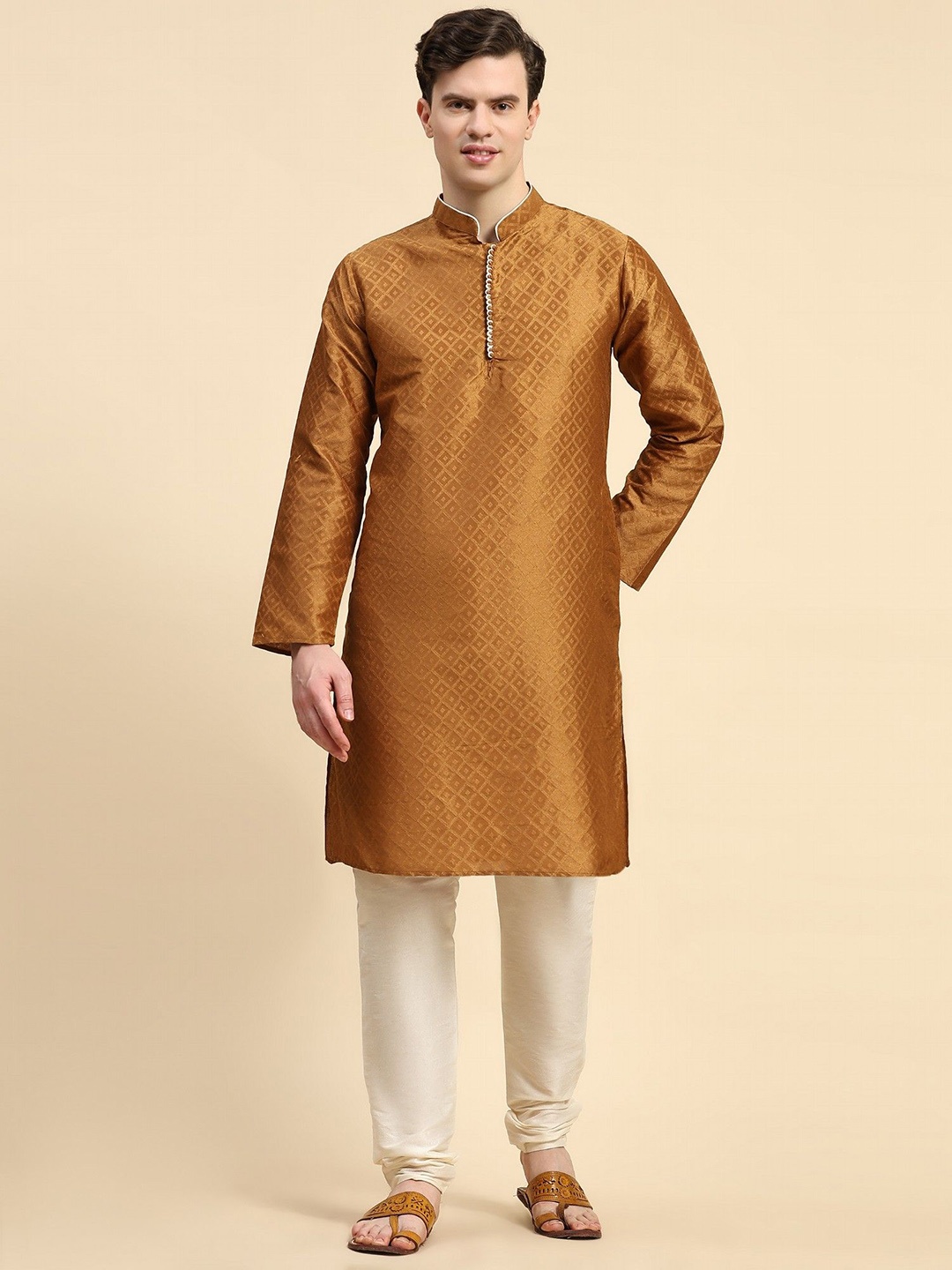 

Moda Rapido Woven Design Mandarin Collar Straight Kurta With Churidar, Brown