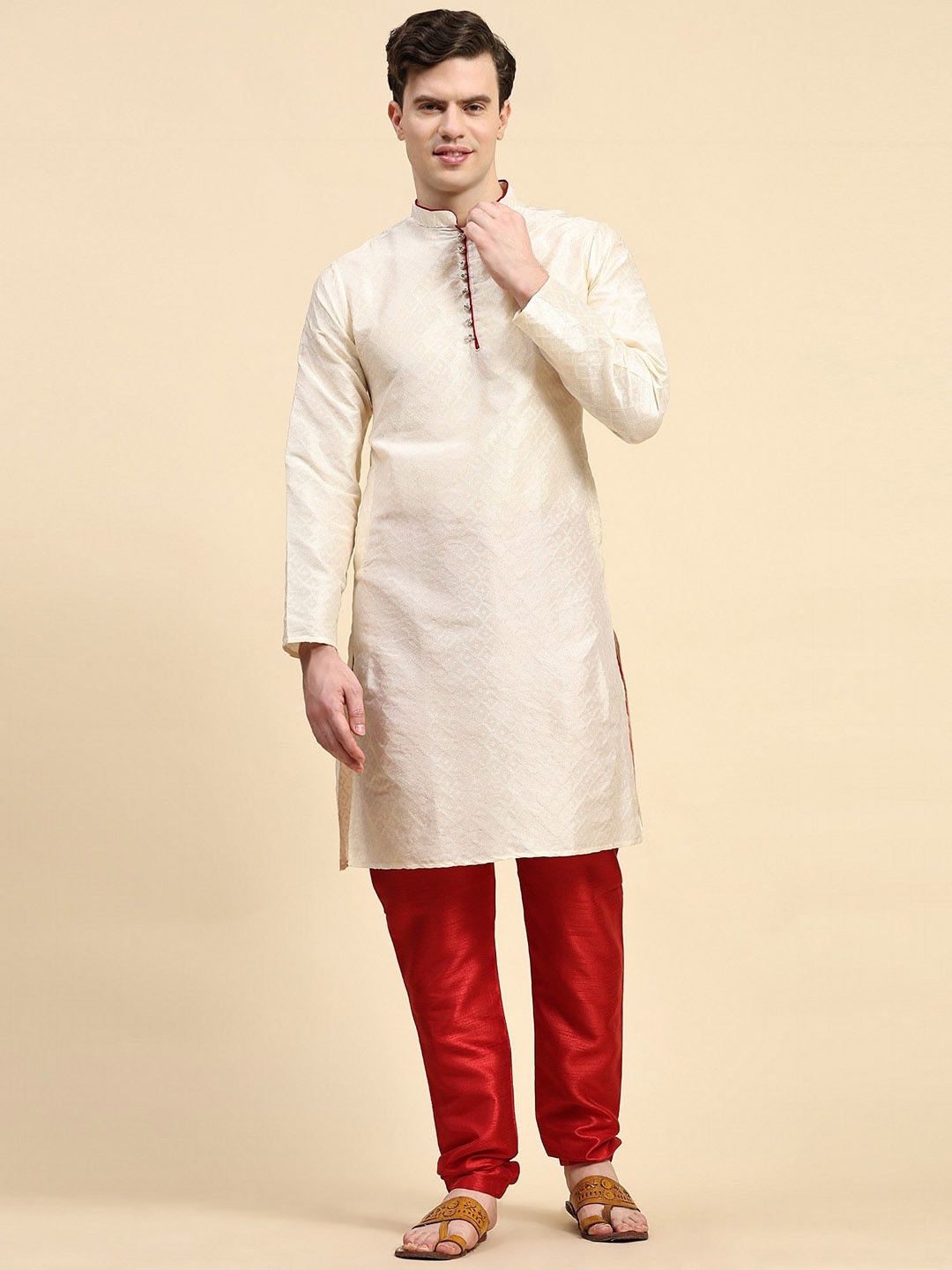 

Moda Rapido Geometric Woven Design Mandarin Collar Kurta With Churidar, Off white