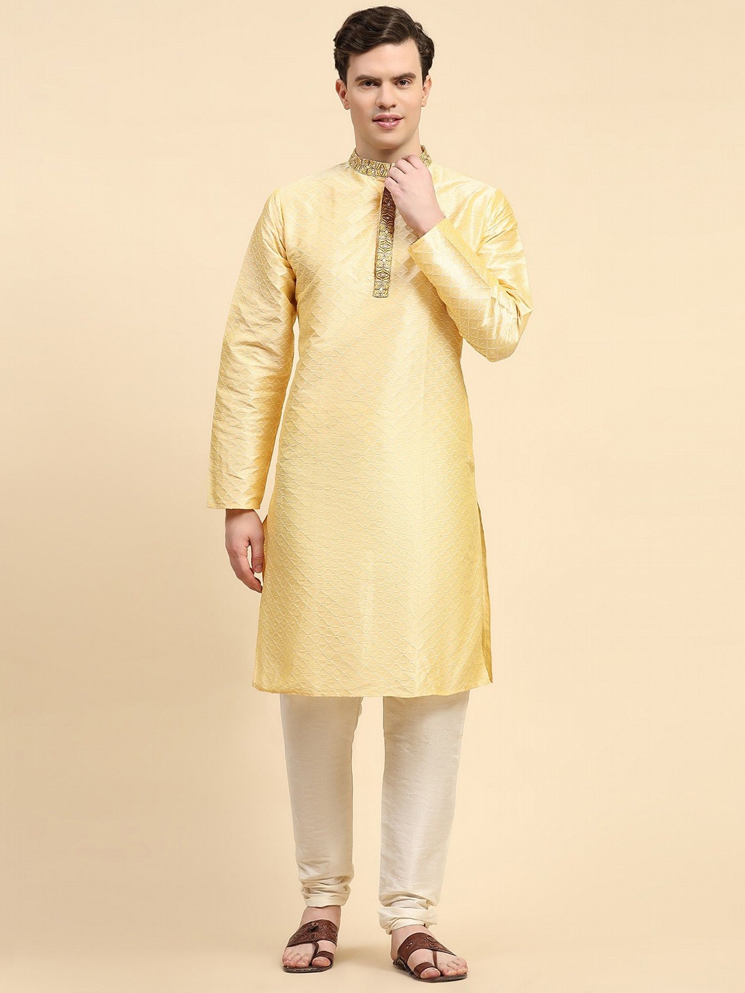 

Moda Rapido Geometric Embroidered Mandarin Collar Straight Kurta With Churidar, Beige