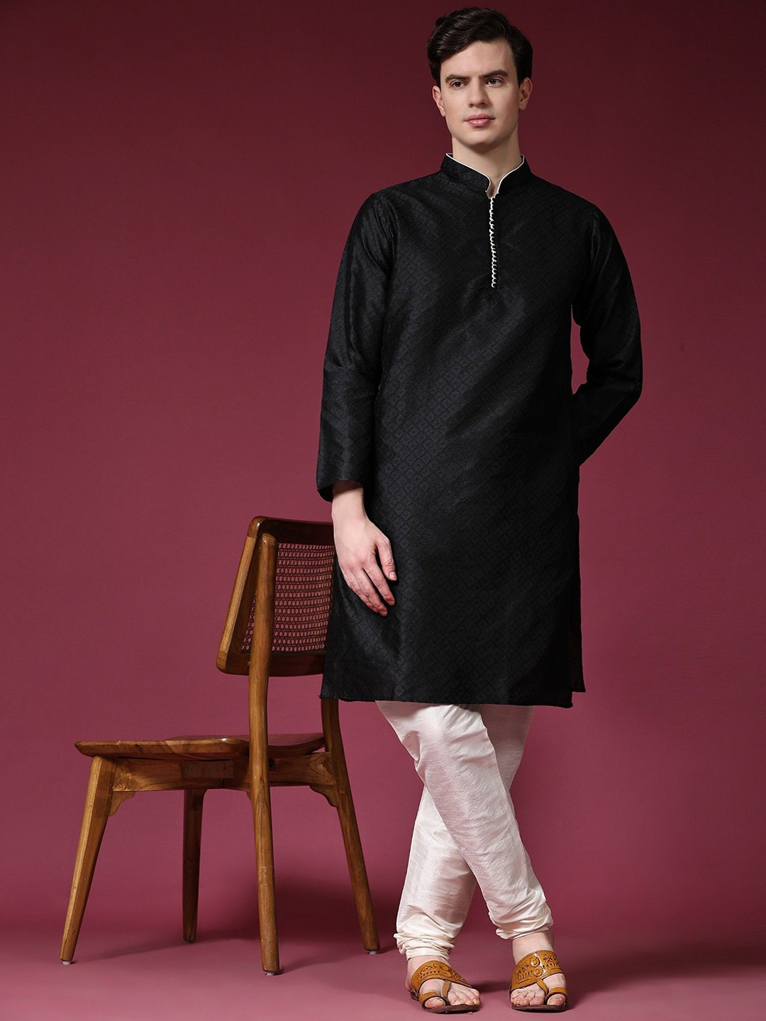 

Moda Rapido Woven Design Mandarin Collar Straight Kurta With Churidar, Black