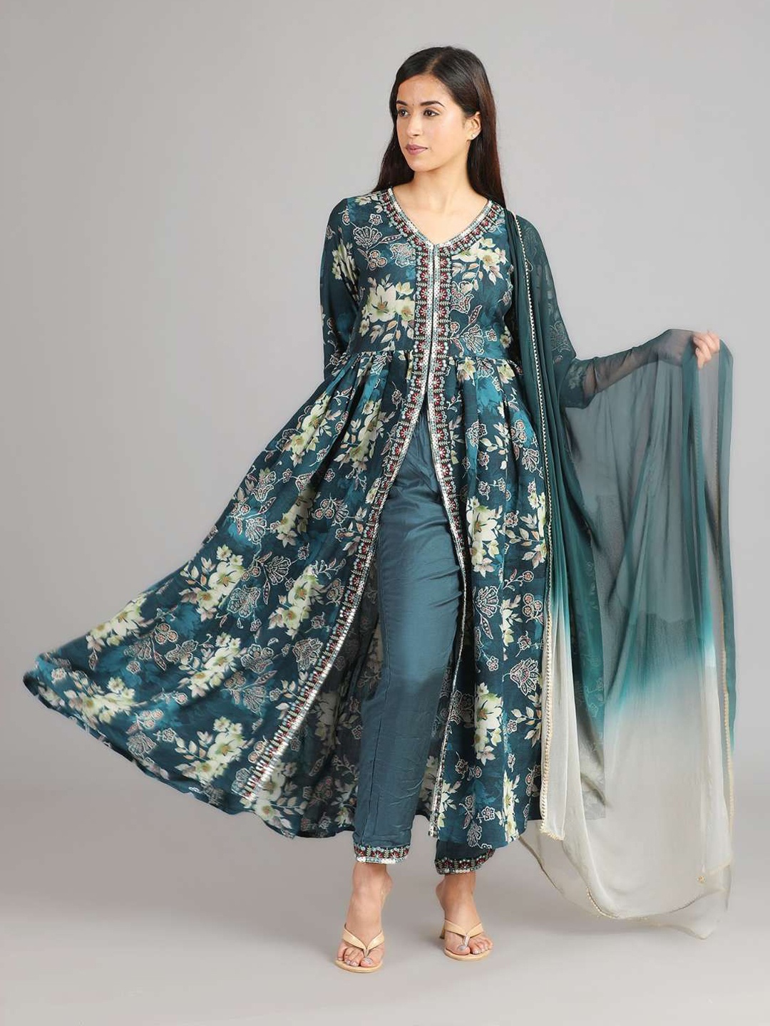 

AAVARANA BY KARNIKA Floral Printed Pure Cotton Anarkali Kurta With Pyjamas & Dupatta, Green