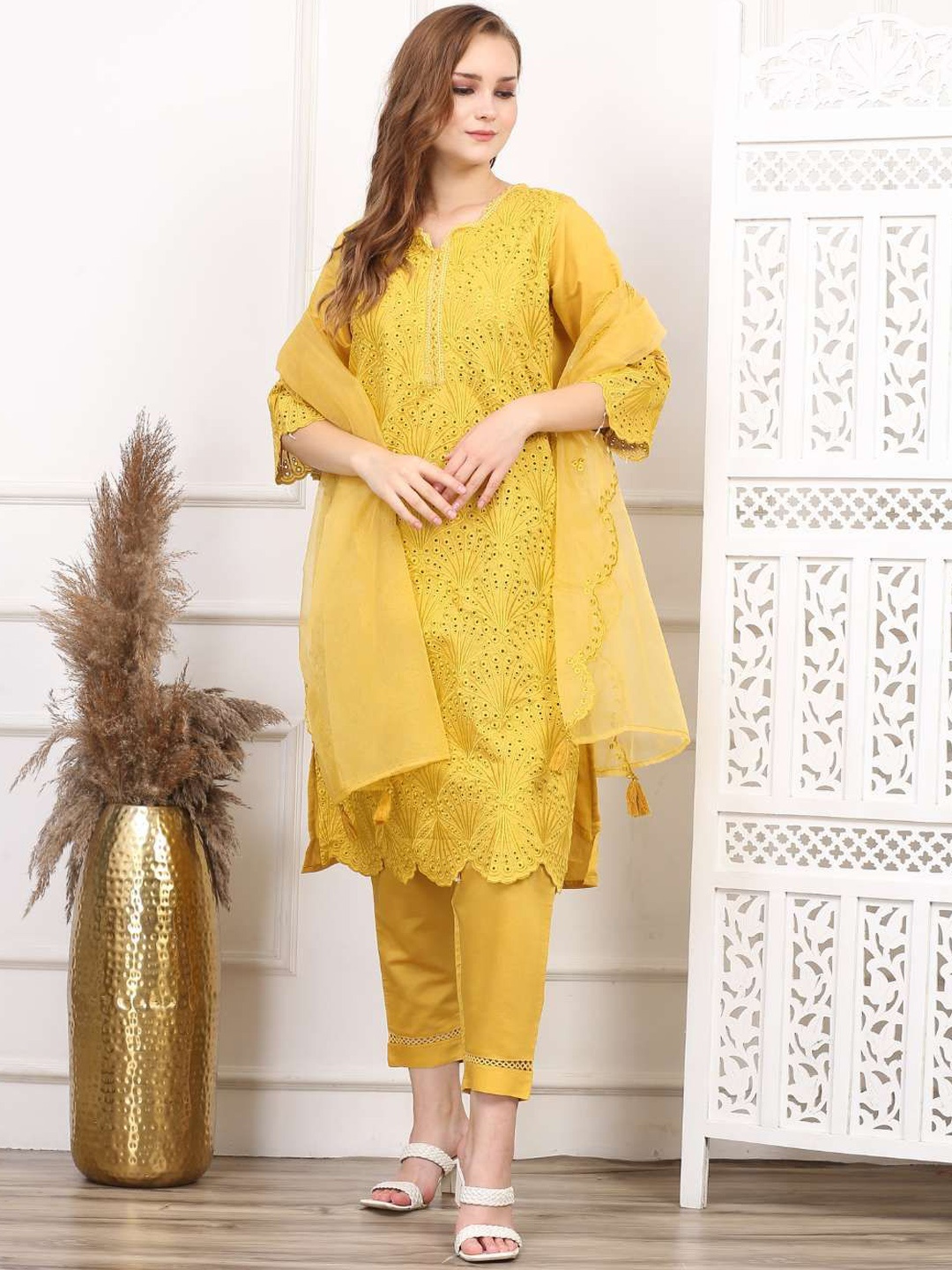 

AAVARANA BY KARNIKA Floral Self Design Pure Cotton Straight Kurta With Pyjamas & Dupatta, Yellow