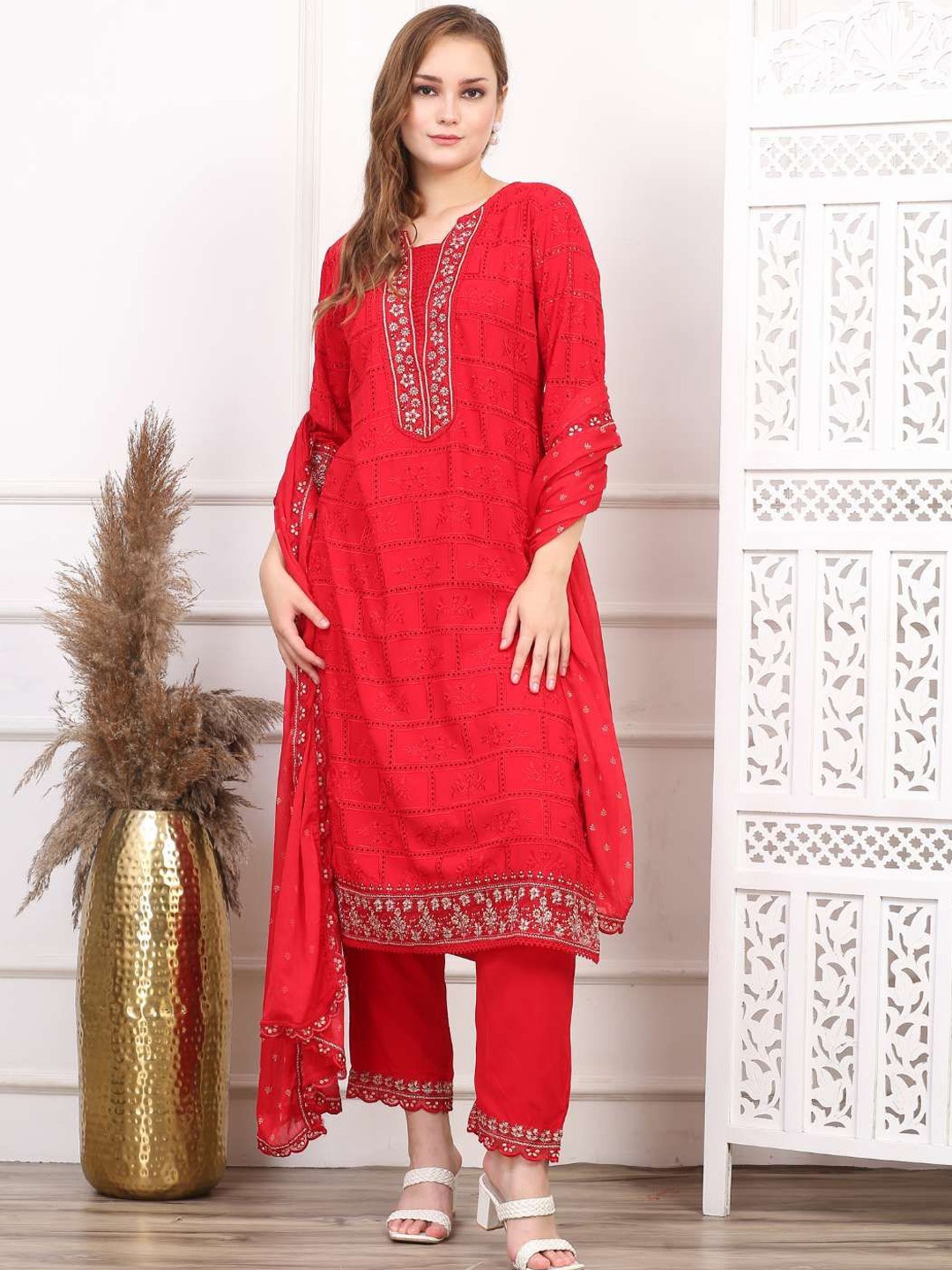 

AAVARANA BY KARNIKA Geometric Self Design Cotton Straight Kurta With Pyjamas & Dupatta, Red