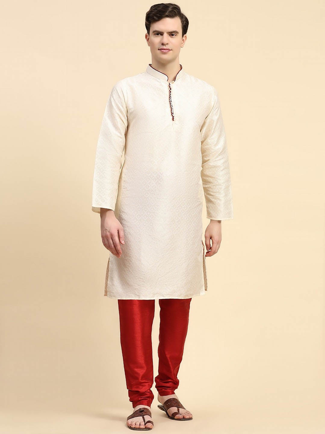 

Moda Rapido Floral Woven Design Mandarin Collar Kurta With Churidar, Off white