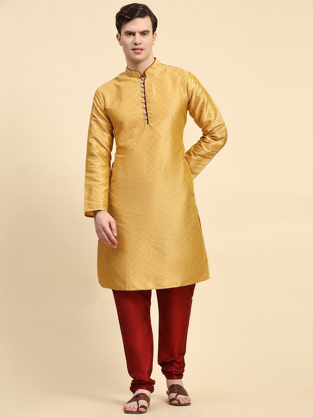 

Moda Rapido Floral Woven Design Mandarin Collar Kurta With Churidar, Gold