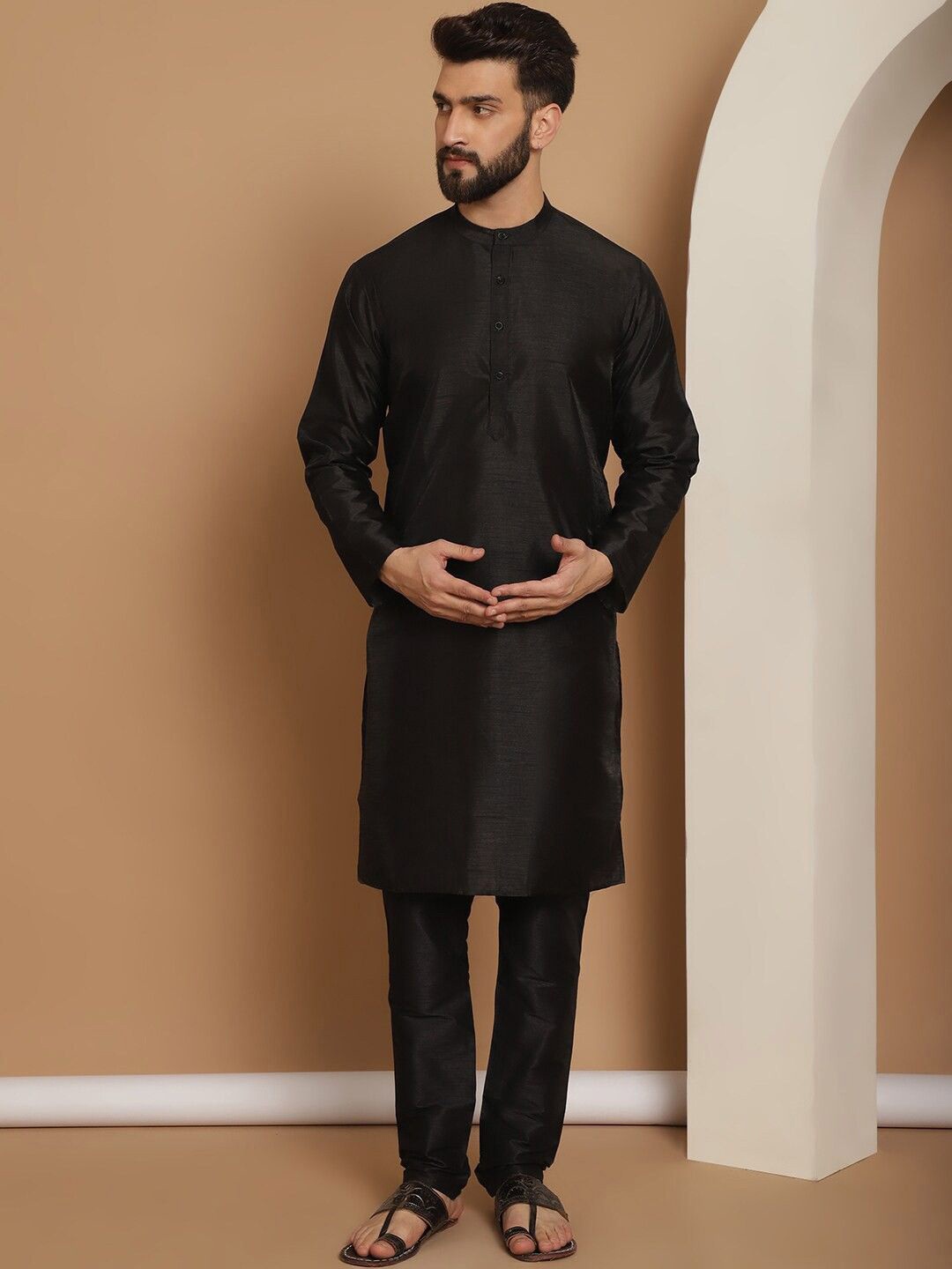 

Moda Rapido Band Collar Straight Kurta With Churidar, Black