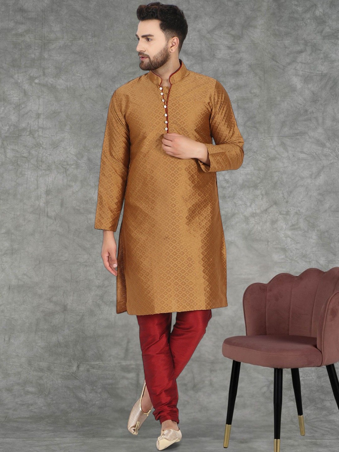 

Moda Rapido Mandarin Collar Jacquard Straight Kurta With Churidar, Brown