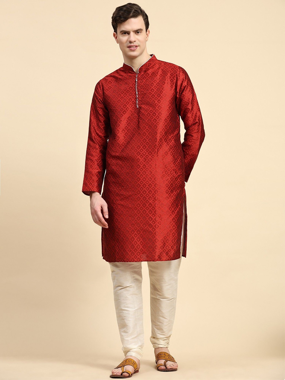 

Moda Rapido Geometric Woven Design Mandarin Collar Kurta With Churidar, Red