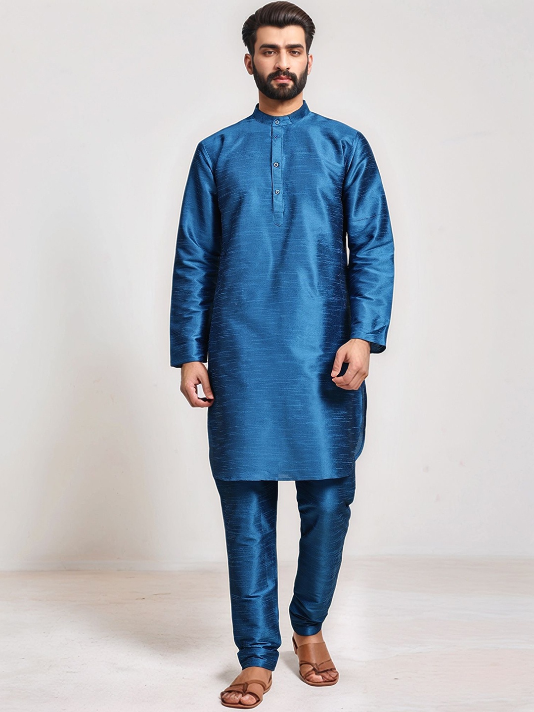 

Moda Rapido Band Collar Kurta With Churidar, Turquoise blue