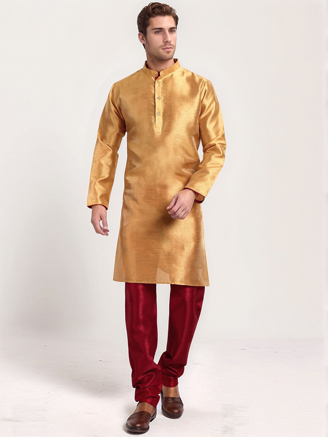 

Moda Rapido Band Collar Straight Kurta With Churidar, Gold