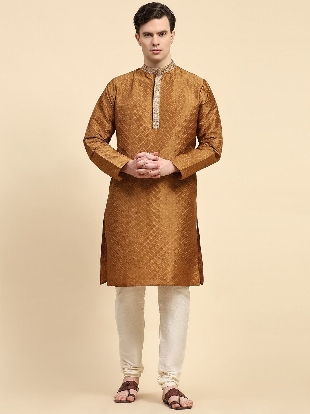 

Moda Rapido Geometric Woven Design Mandarin Collar Kurta With Churidar, Brown