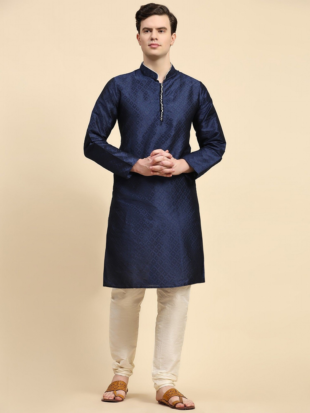 

Moda Rapido Floral Woven Design Mandarin Collar Kurta With Churidar, Blue