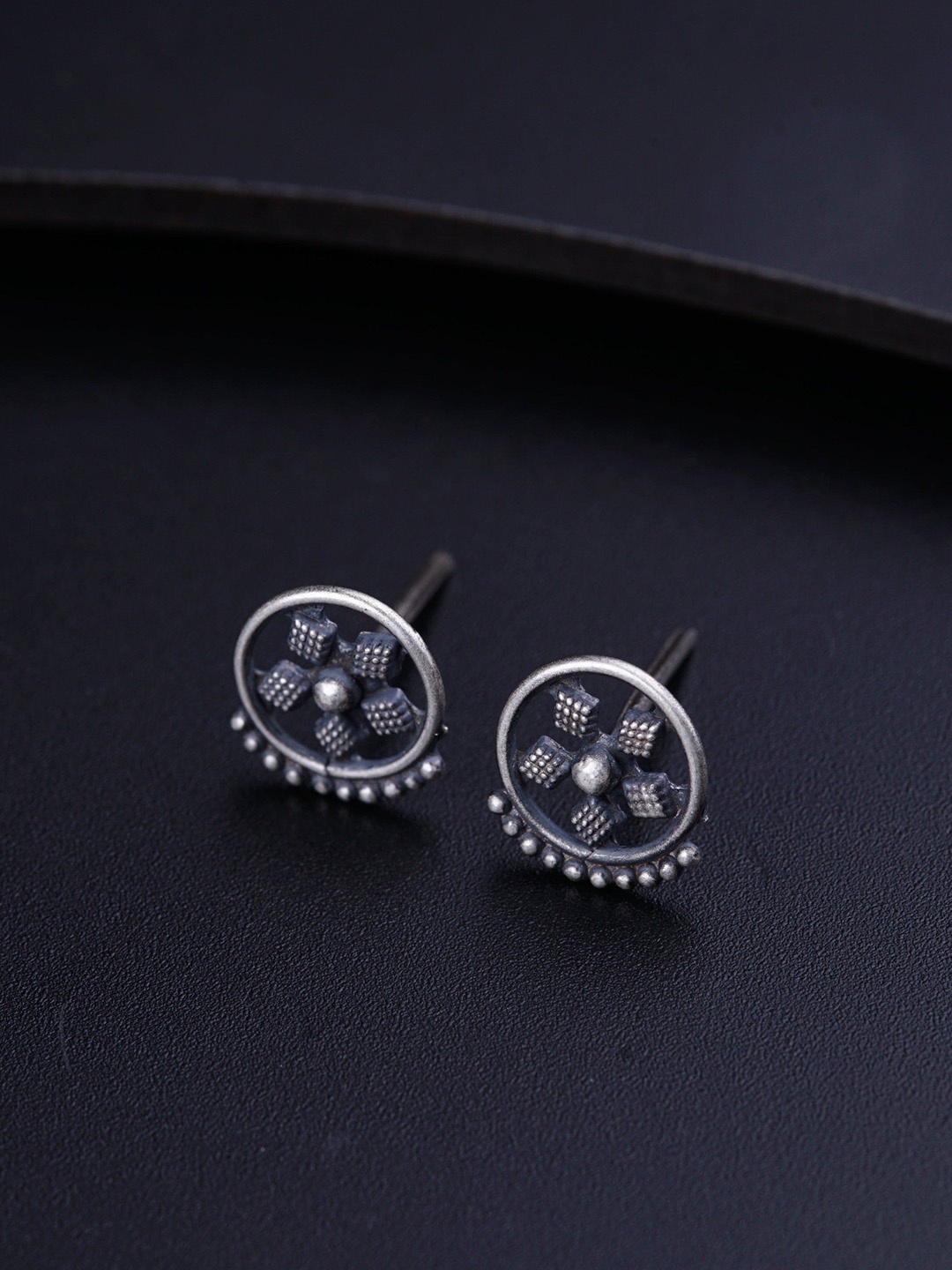

House of Aadyaa 925 Sterling Silver Circular Shaped Oxidised Flower Studs