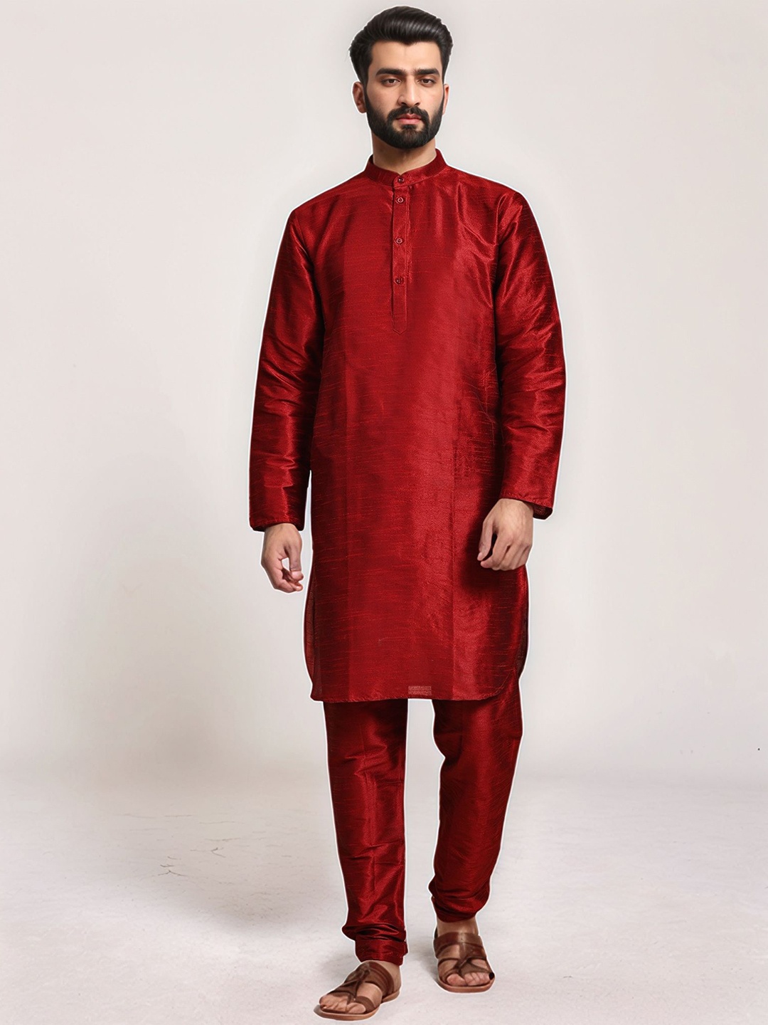 

Moda Rapido Band Collar Straight Kurta With Churidar, Red