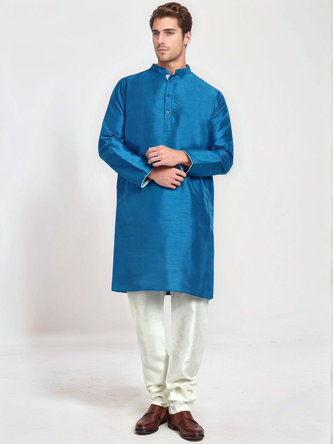 

Moda Rapido Mandarin Collar Straight Kurta With Churidar, Turquoise blue