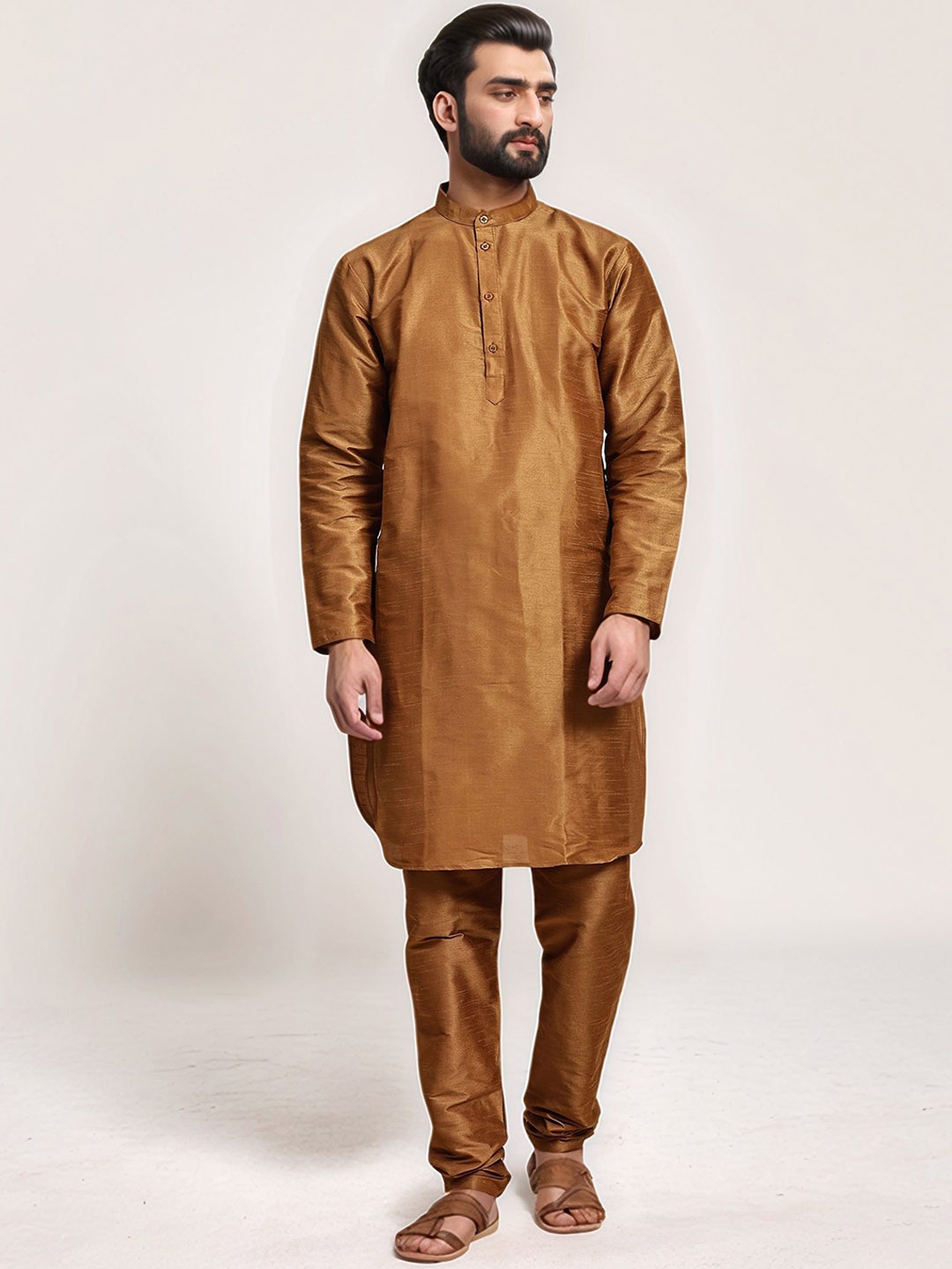 

Moda Rapido Band Collar Kurta With Churidar, Brown