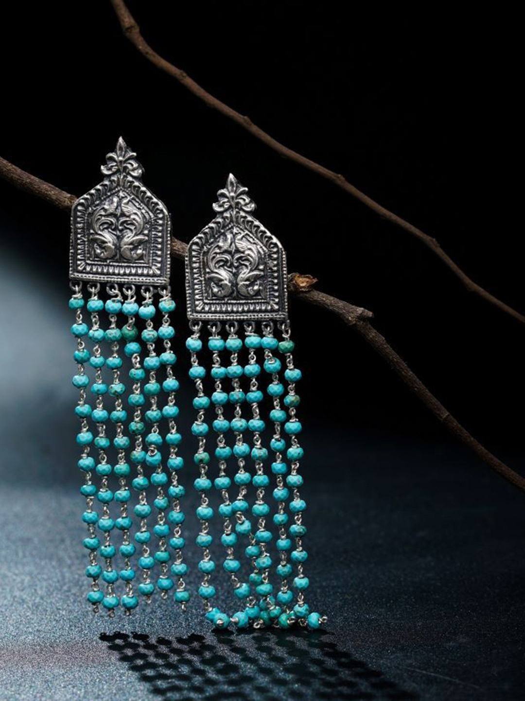 

House of Aadyaa 925 Sterling Silver Peacock Motifs Bageecha "No Strings Attached" Oxidised Drop Earrings