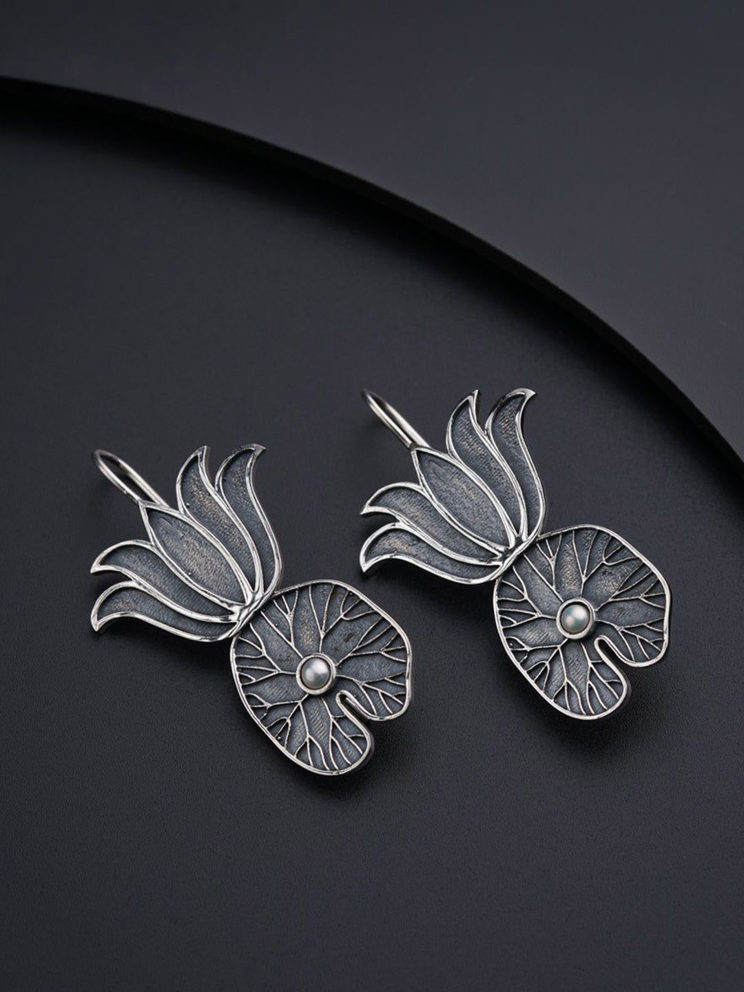

House of Aadyaa 925 Sterling Silver Lotus and Lotus Leaf Oxidised Drop Earrings