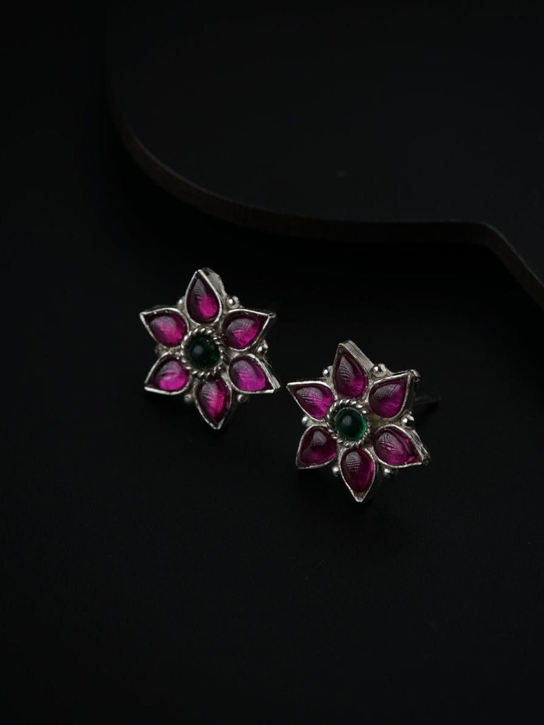 

House of Aadyaa 925 Sterling Silver Stones Oxidised Floral Studs