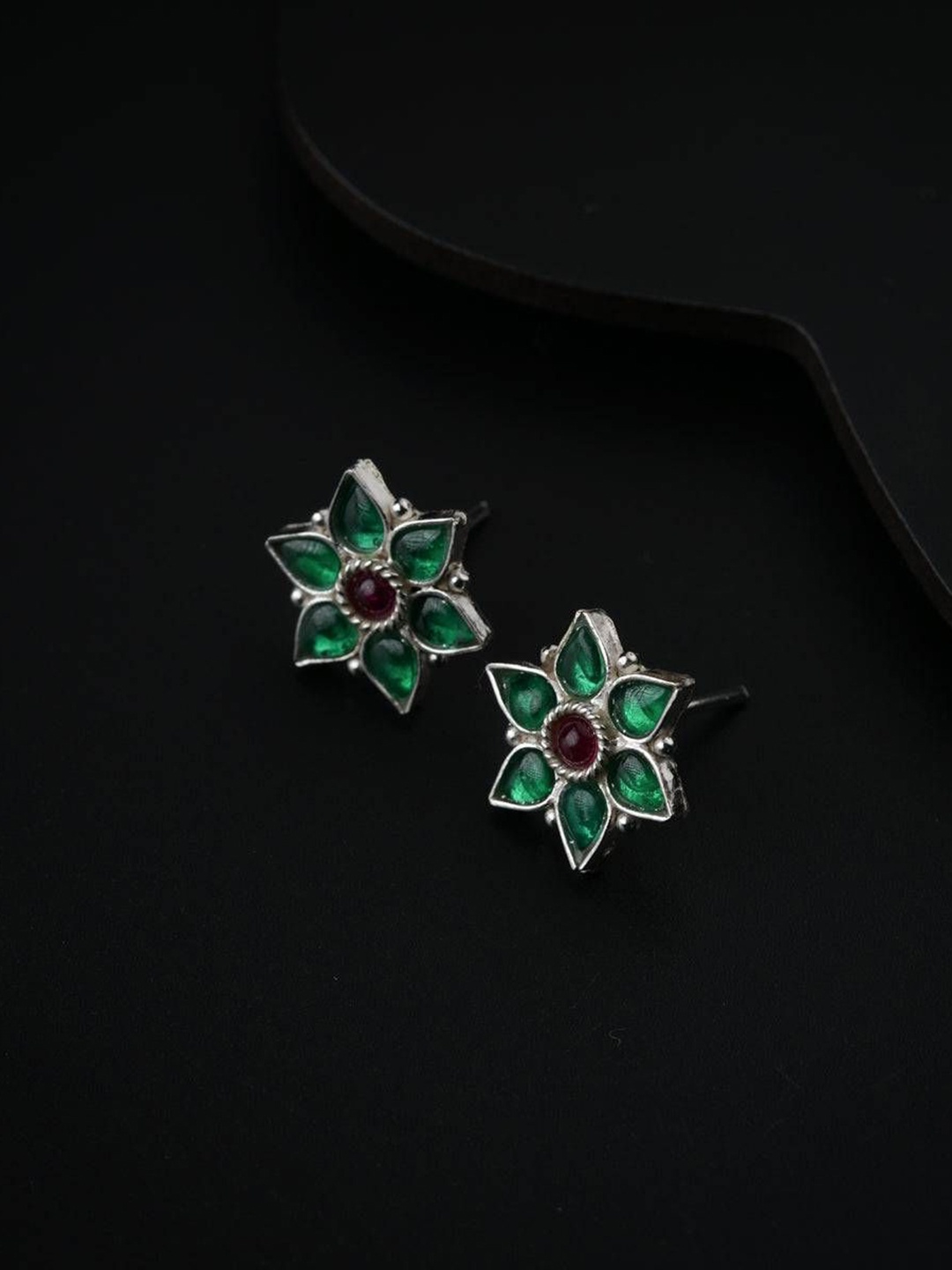 

House of Aadyaa 925 Sterling Silver Stone Studded Oxidised Floral Studs Earrings